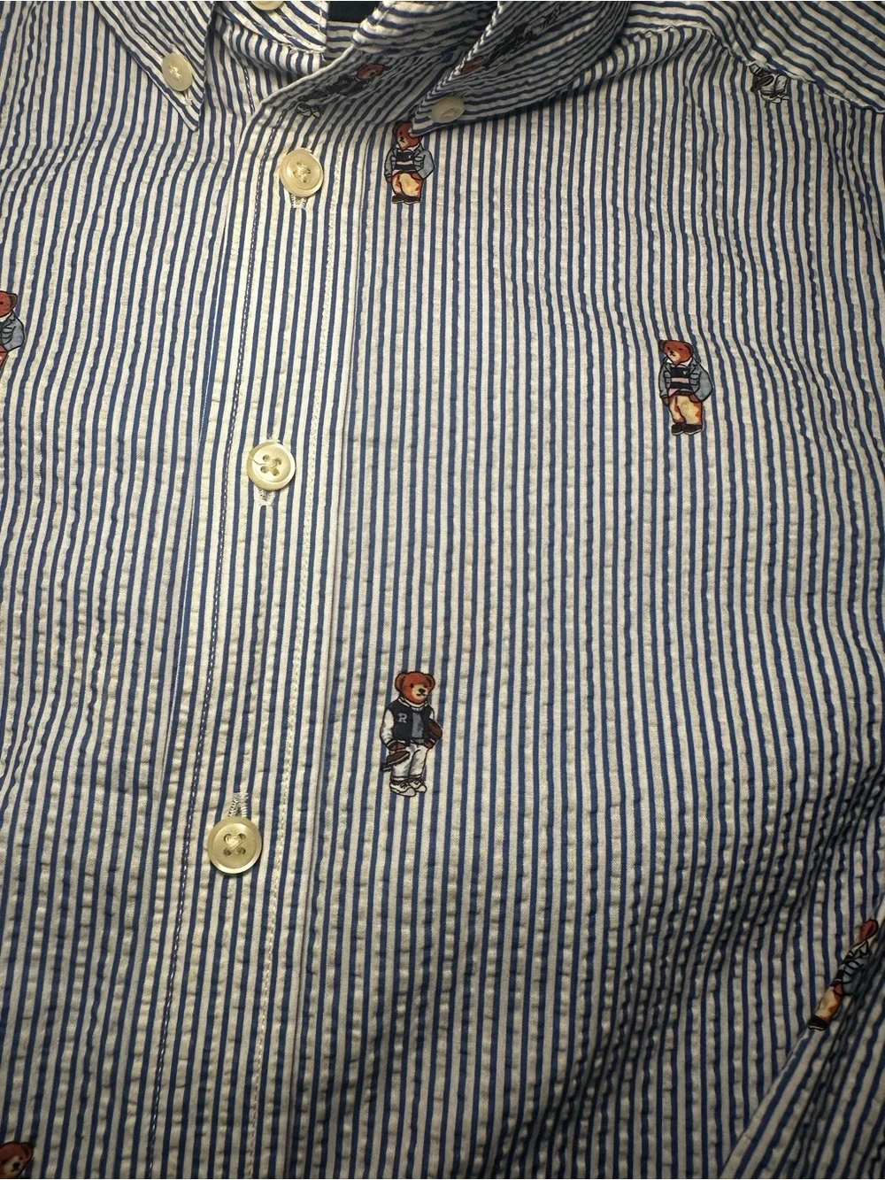 Ralph Lauren Blue and White Striped Embroidered Polo Bear Button-Down Shirt